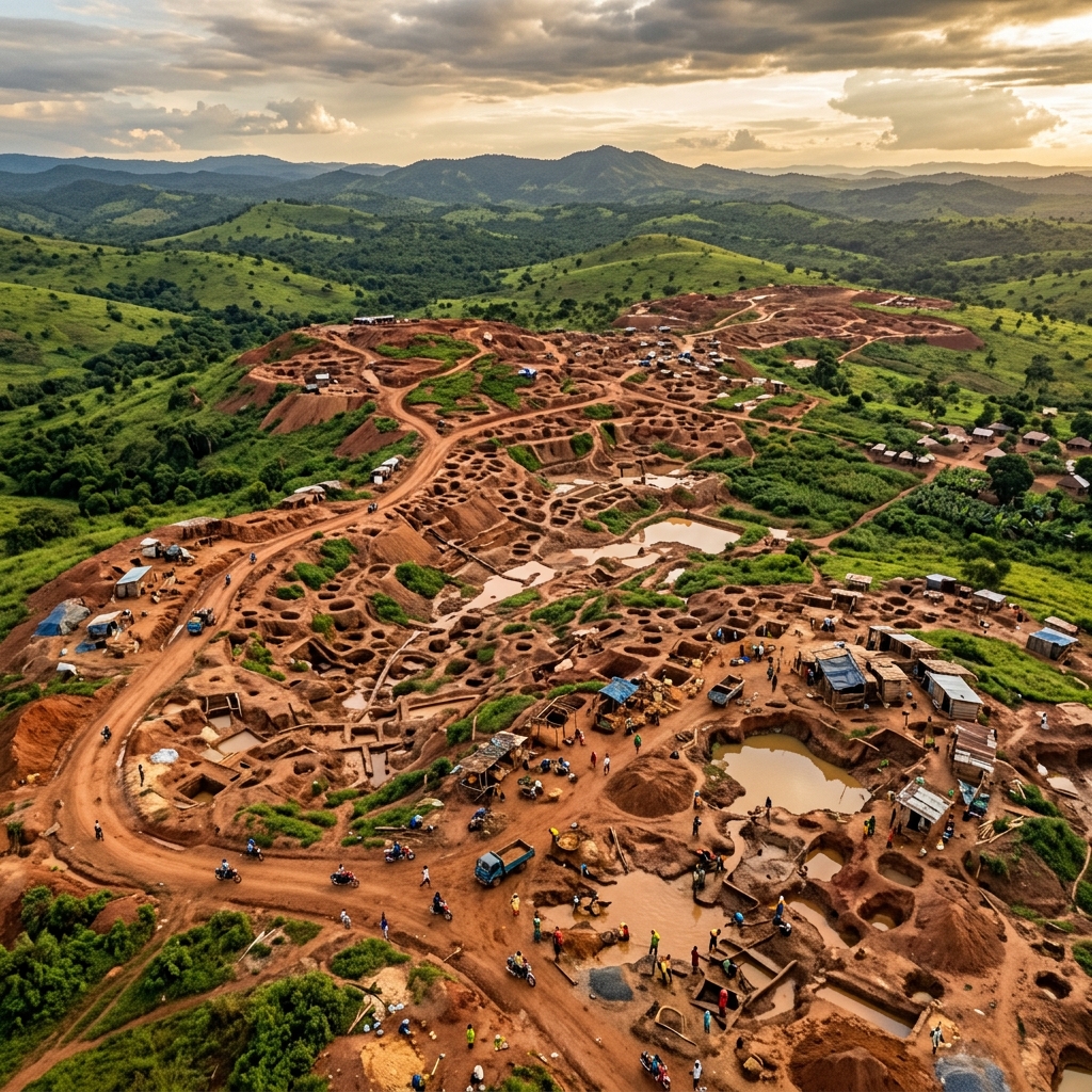 aerial gold mining landscape Uganda Africa cinematic